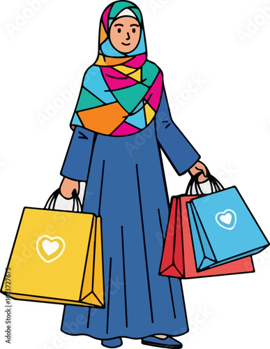 A muslim woman wearing a blue abaya and a colorful hijab, carrying shopping bags isolated on white background