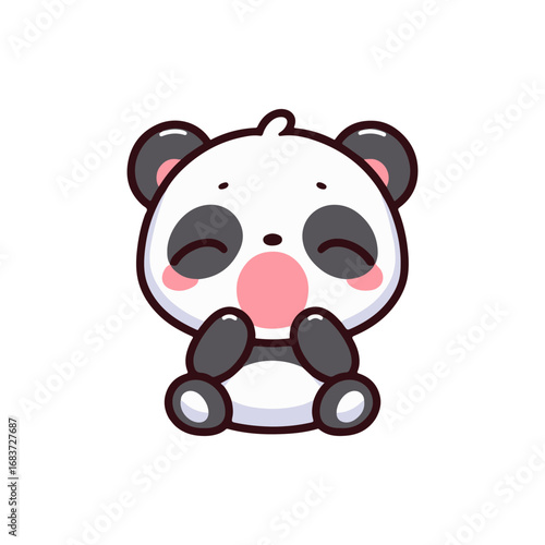 Cute cartoon panda character sitting happily with a joyful expression, isolated on white background