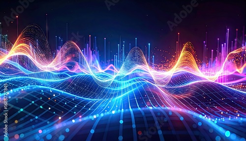 Glowing Neural Network Landscape with Musical Notes