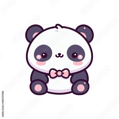 Cute cartoon panda character with a bow tie, sitting against a simple white background