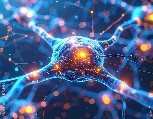 Glowing Neuron Network In Blue And Orange Hues