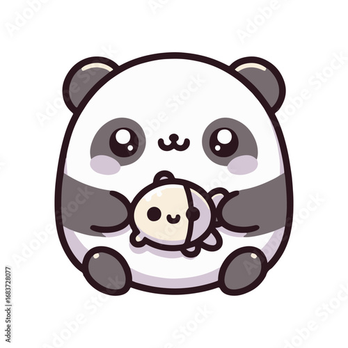 Cute cartoon panda holding a small fish toy, set against a simple white background
