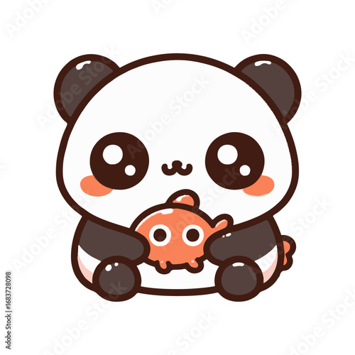 Cute cartoon panda holding a small orange creature, set against a simple white background
