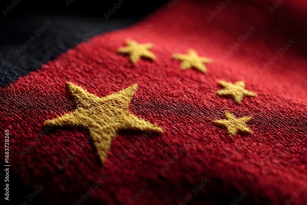 Fototapeta premium Close-up of the Chinese flag, with five yellow stars on a red background. High resolution,