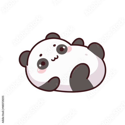 Cute cartoon panda lying on its back with a joyful expression, set against a simple white background
