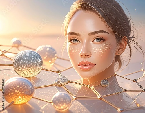 Glowing Woman with Molecular Structures and Pearls in Golden Light