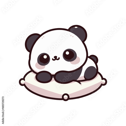 Cute cartoon panda resting on a soft pillow, surrounded by a whimsical background scene