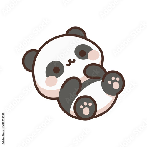 Cute cartoon panda lying on its back with a playful expression, surrounded by a simple white background