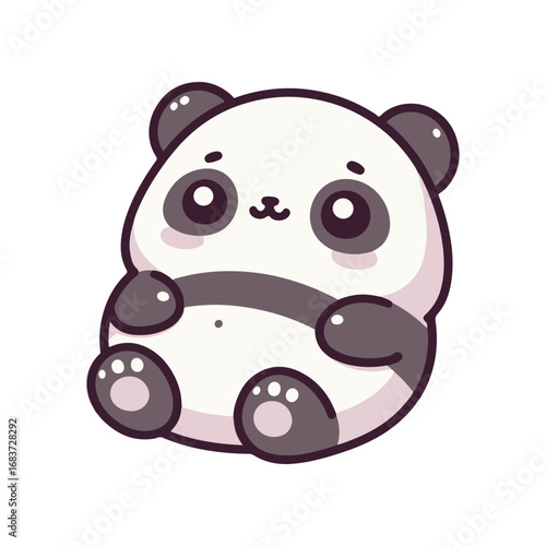 Cute cartoon panda sitting contentedly, surrounded by a whimsical background of bamboo and clouds