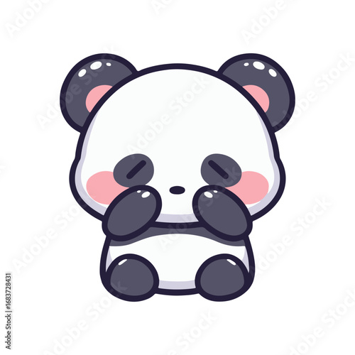 Cute cartoon panda sitting with a sad expression, surrounded by soft pastel colors