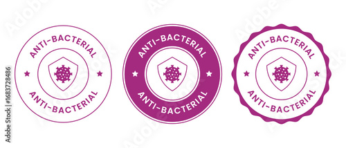 Set of three "Anti-Bacterial" badges with a shield and virus icon in purple.