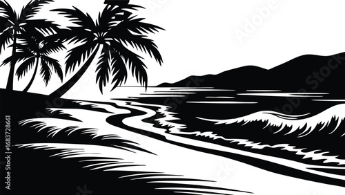 Silhouette of a tropical beach scene with palm trees and waves