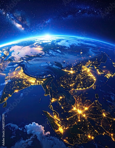 Earth at night, city lights illuminating Asia