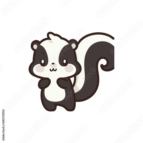 Cute cartoon skunk character standing cheerfully, with a simple white background