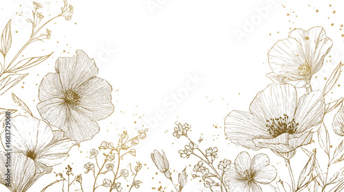Elegant Golden Floral Illustration on White Background for Invitations and Creative Design with Botanical Elements