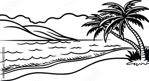 Silhouette of a tropical beach scene with palm trees and waves