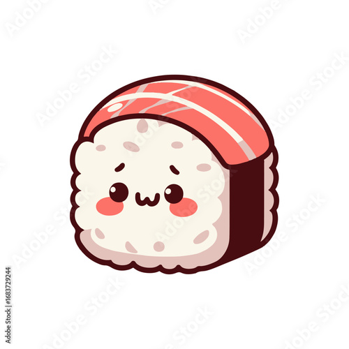 Cute cartoon sushi roll character with smiling face on a white background, ideal for food-related designs