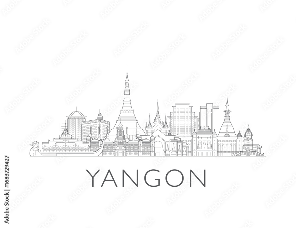 Naklejka premium Yangon, Myanmar, cityscape illustration skyline drawing