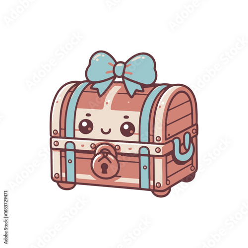 Cute cartoon treasure chest with a bow, featuring a smiling face and a lock, set against a plain background