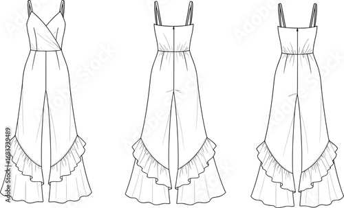 Ruffle layered jumpsuit flat sketch, fashion cad illustration, front and back view, technical vector drawing, stylish garment design