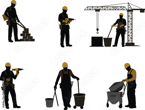 Construction worker silhouette vector, builder with tools, site labor illustration, bricklayer, crane operator, maintenance crew, black graphic, safety gear