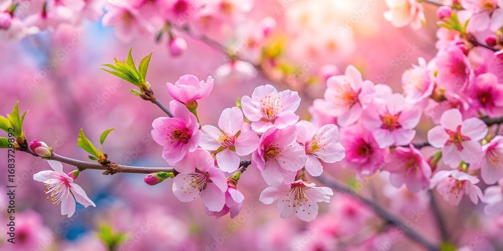 Obraz premium Closeup of delicate pink cherry blossoms in full bloom, bathed in soft sunlight, creating a serene and enchanting springtime scene with a dreamy, romantic atmosphere