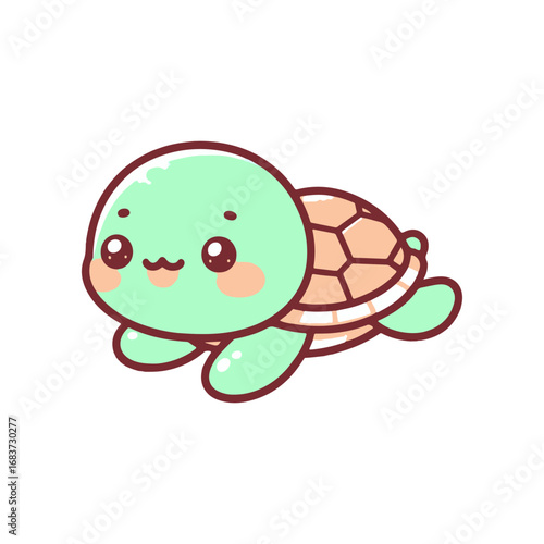 Cute cartoon turtle swimming happily in a clear ocean with soft waves and colorful coral in the background