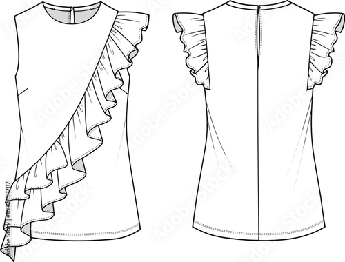 Ruffle sleeve top fashion sketch, flat vector drawing, sleeveless design, technical CAD, front back view illustration, stylish blouse layout