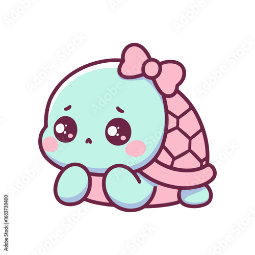 Cute cartoon turtle with a pink bow, sitting sadly, against a simple white background