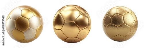Three golden soccer balls isolated on transparent background