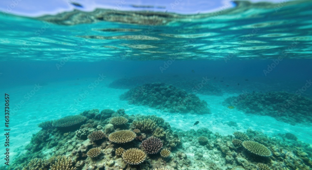 Fototapeta premium Underwater coral reef scene. Turquoise water, sunlit coral formations, and marine life are visible