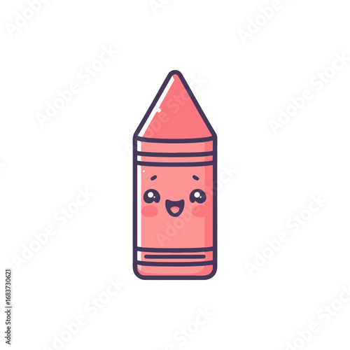 Cute cartoon-style pink crayon with a smiling face, set against a simple white background, ideal for children's art themes