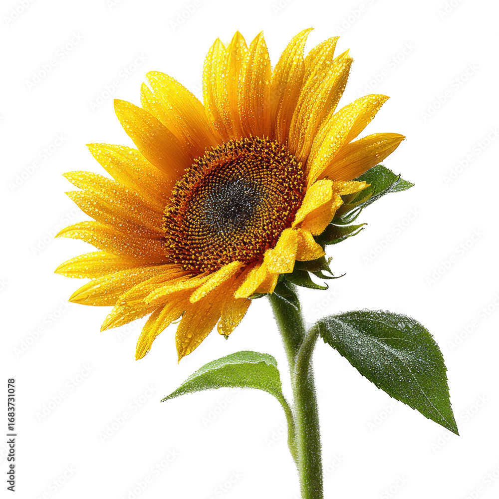 Naklejka premium Close-up of a vibrant sunflower, radiating yellow petals, with a dark center and dew drops
