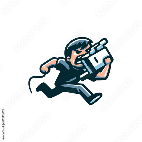 Dynamic illustration of a person running with a camera, capturing action in an urban setting