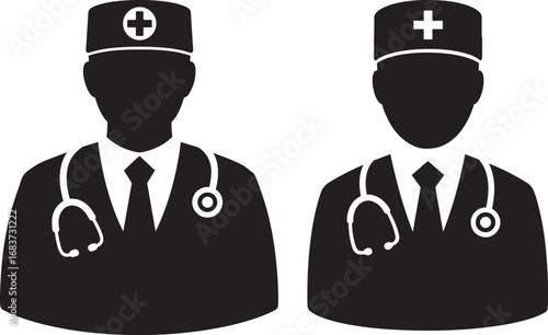 Two doctor silhouettes with stethoscopes isolated on white background