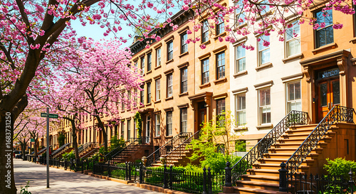 Wallpaper Mural Charming brownstone street lined with blooming pink cherry blossom trees in a picturesque new york city neighborhood during spring Torontodigital.ca