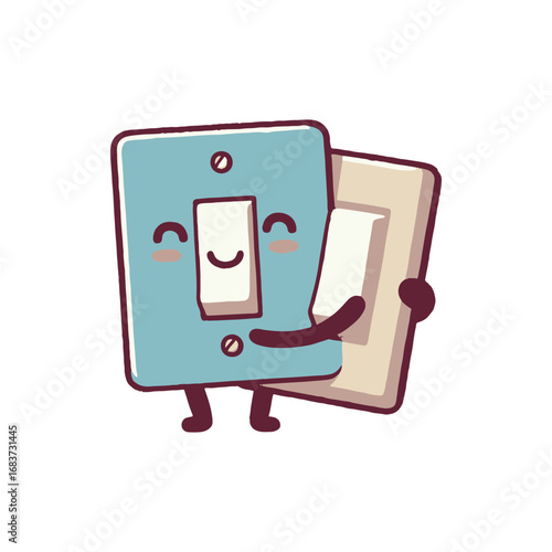 Playful cartoon light switch characters happily interacting in a bright, cheerful setting