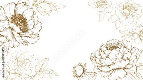 Elegant golden peony floral background with decorative flower elements for wedding invitations and branding design projects