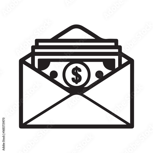 Salary in envelope icon. Vector dollar bills in envelope minimal icon. Vector black silhouette. with white background