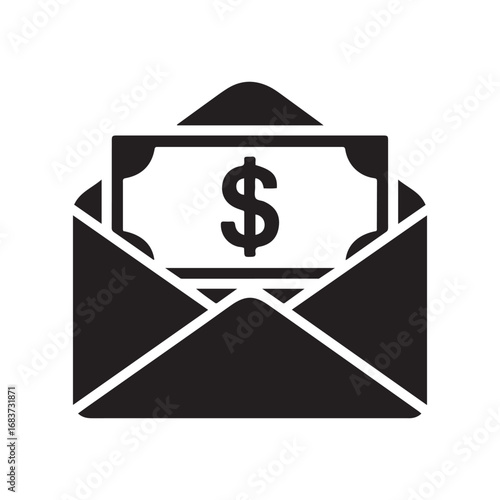 Salary in envelope icon. Vector dollar bills in envelope minimal icon. Vector black silhouette. with white background