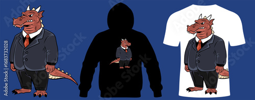 retro style cartoon mascot of a dragon with office suit, looking fed up with the daily grind. The design is shown on a black hoodie and a white t shirt mock up.