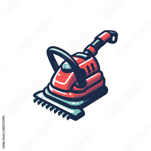 Vibrant illustration of a red electric lawn mower with a sleek design, set against a white background