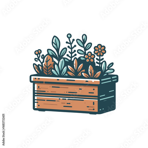 Vibrant wooden planter overflowing with colorful flowers and greenery against a simple background