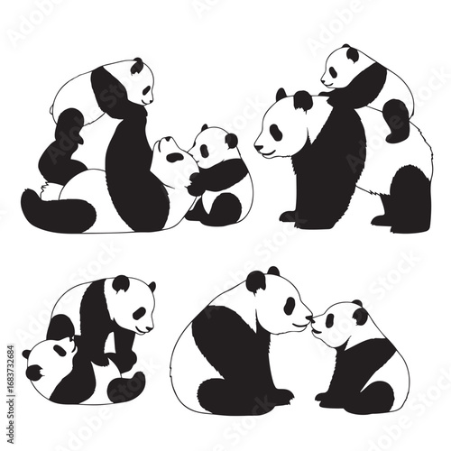 Adorable Panda Family Illustrations in Black and White