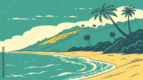 Vibrant tropical beach paradise with turquoise waters and lush greenery