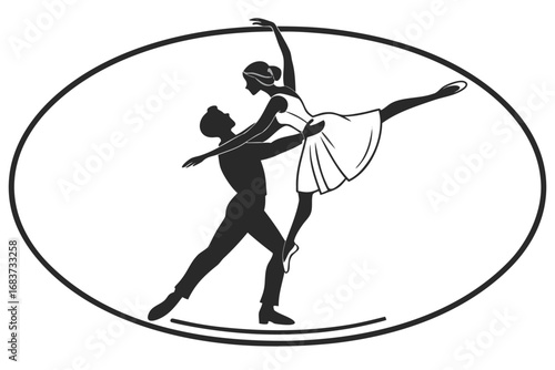 Elegant silhouette of a ballet dancer supported by a partner in a circular frame