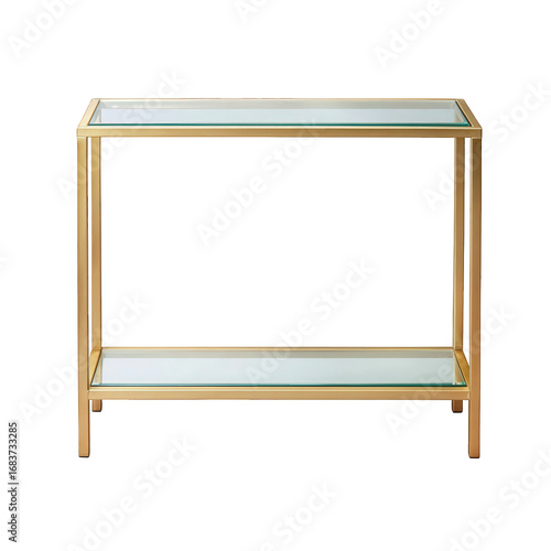 Gold metal console table with glass shelves isolated on transparent background