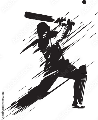Black silhouette of a cricket batsman powerfully swinging a bat with abstract brush strokes and a ball on a white background