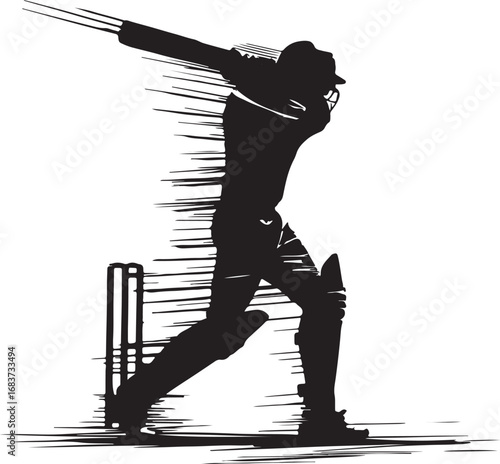 Black silhouette of a cricket batsman in action with dynamic brush strokes and wickets on a white background