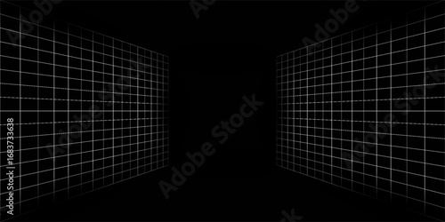 Futuristic perspective grid box. Abstract wireframe with white grid line on black background. Virtual reality landscape in 80s 90s digital style. Vector